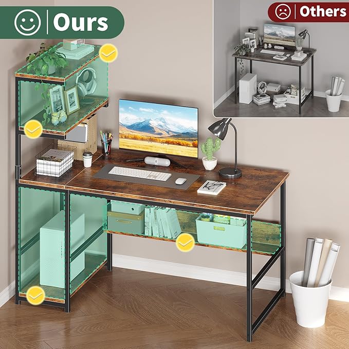 ALISENED 47 Inch Computer Desk with 4-Tier Storage Shelves, Modern Large Office Desk Computer Table Studying Writing Desk Workstation with Bookshelf and Tower Shelf for Home Office