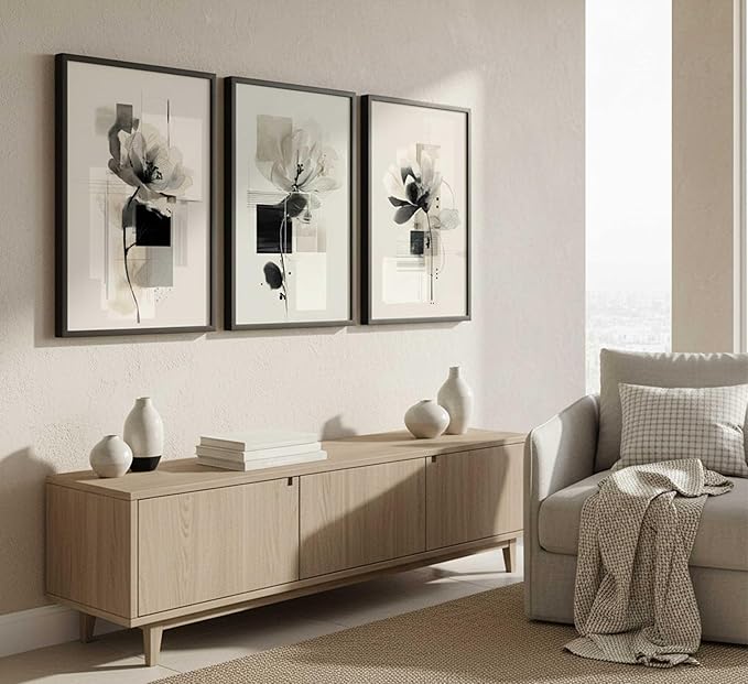 3Pcs Modern Abstract Floral Canvas Wall Art Minimalist Neutral Beige And Black Flower Botanical Painting Picture Wall Decor Poster Print Artwork for Living Room Bedroom Home Decoration Unframed