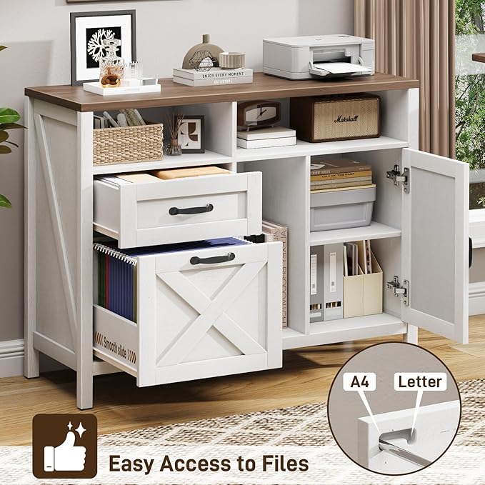 Farmhouse File Cabinet with Doors, Lateral Filing Cabinet with 2 Drawers for Letter/A4 Size Hanging Files, Large Wooden Printer Stand with Open Shelf for Home Office, Rustic White