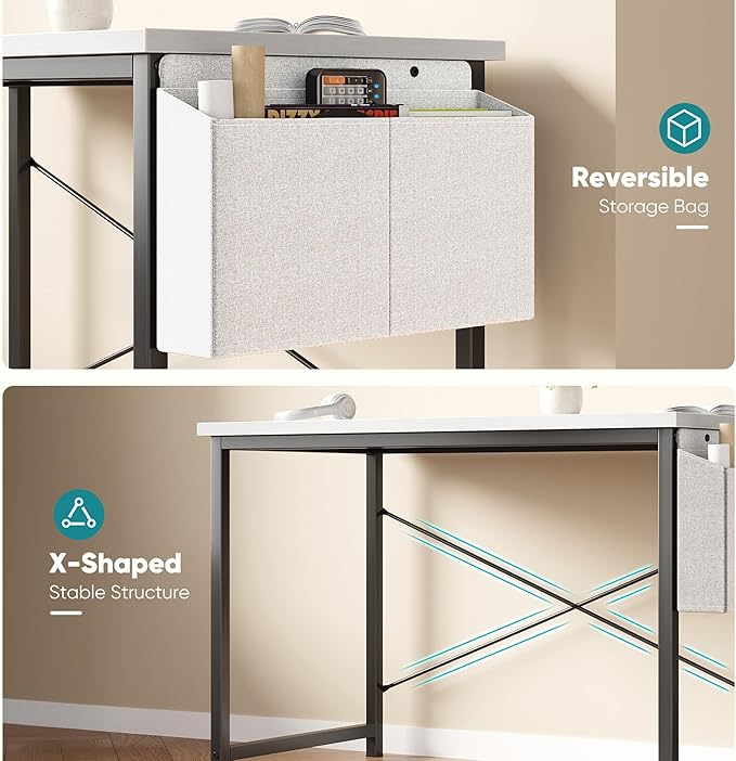 OLIXIS Computer Desk 44 Inch Home Office Desks for Small Spaces, Gaming Writing Study Work Table with Storage Bag and Headphone Hook for Bedroom, White