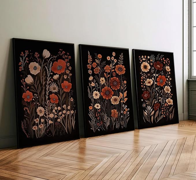 Wavkkey 3 Pcs Dark Floral Wall Art Vintage Moody Flowers Botanical Posters Painting Picture Wall Decor Canvas Print Artwork for Living Room Bedroom Women Room Home Decoration