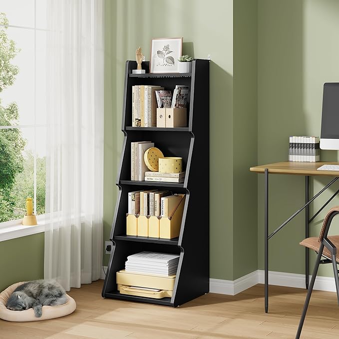 Hoctieon 5-Tier Open Bookcase and Bookshelf with LED Light, Floor Standing Display Storage Shelves, Wood Modern Display Organizer for Home Office, Living Room, Bedroom, Study, Black
