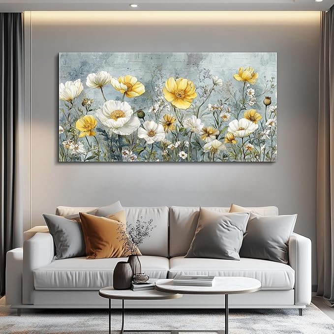 QIYILEXWART Large Wall Decor For Living Room Canvas Wall Art For Office Modern Wall Decorations For Bedroom Yellow White Flowers Landscape Painting Farmhouse Pictures Artwork Room Home Decor 24x48 In