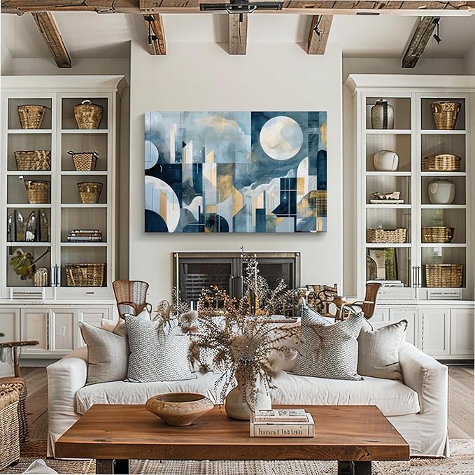 gaosoul Modern Abstract Canvas Wall Art Blue Artistic Cityscape Geometry Paintings Framed Minimalism Stylish Artwork Prints for Living Room Bedroom Office Decor 48x32in