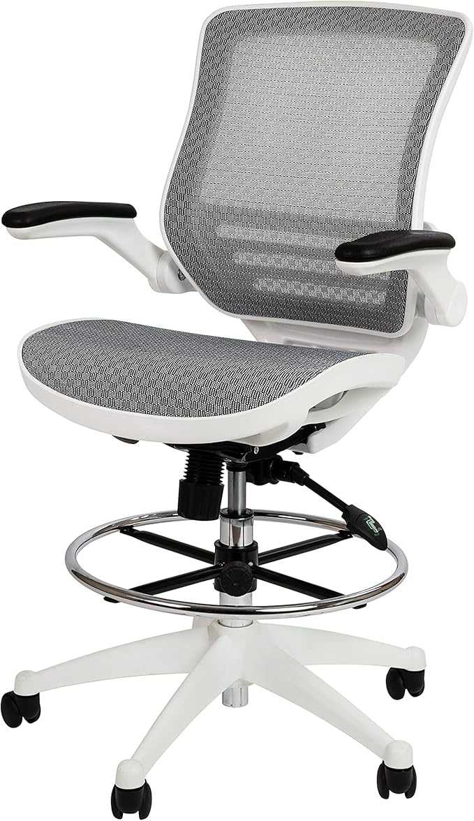 Flash Furniture Waylon Mid-Back Swivel Office Chair with Adjustable Foot Ring and Seat Height, Ergonomic Mesh Chair with Armrests, Gray/White