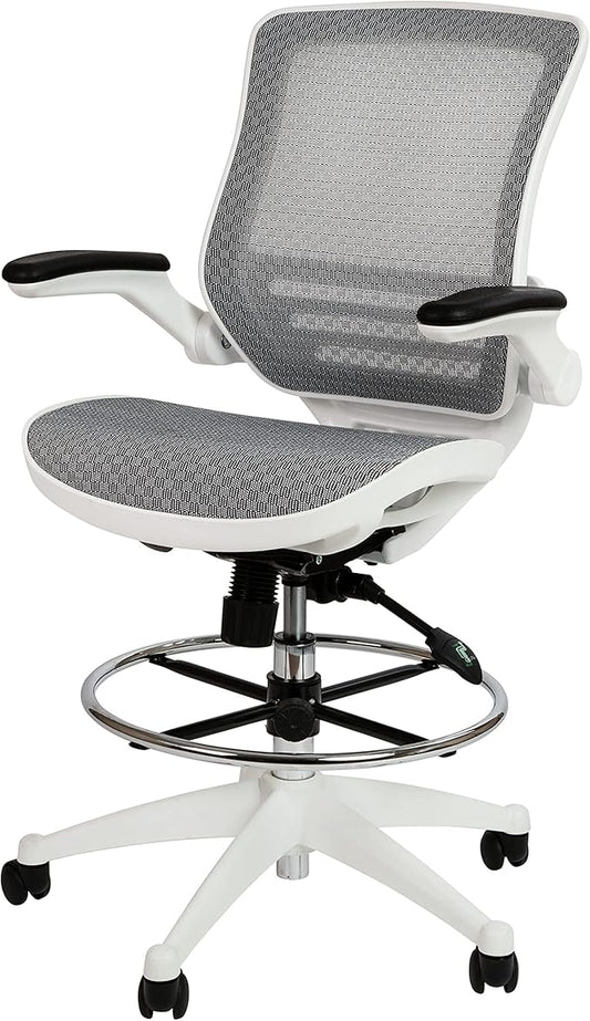 Flash Furniture Waylon Mid-Back Swivel Office Chair with Adjustable Foot Ring and Seat Height, Ergonomic Mesh Chair with Armrests, Gray/White