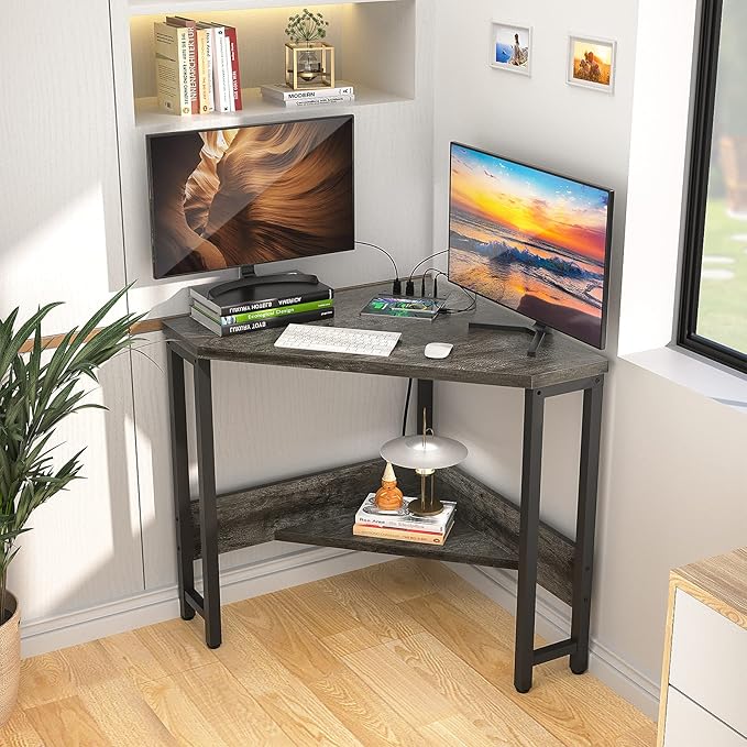 Armocity Corner Desk Small Desk with Outlets Corner Table for Small Space, Computer Desk with USB Ports Triangle Desk with Storage for Home Office, Workstation, Living Room, Bedroom, Oak