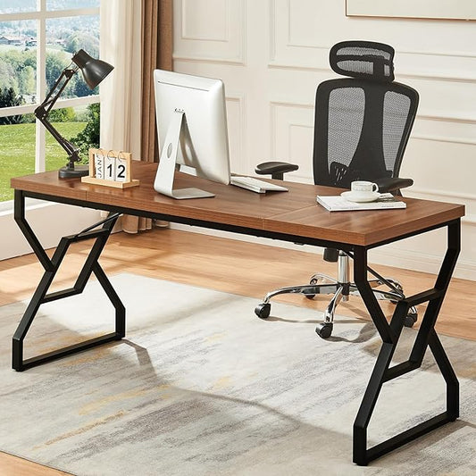 HOMISSUE 63-inch Executive Desk, Large Home Office Desk with Engineered Wood Tabletop and Metal Frame, Rustic Writing Desks with Sturdy Structure, Computer Desks for Home Office, Study Room,Brown