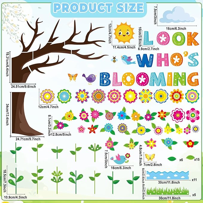 Spring Bloom Flower Bulletin Board Set Look Who’s Blooming Classroom Decorations Spring Tree Growth Mindset Photo Posting Paper Cutouts for Class School Office Nursery Home Chalkboard Door Wall Decor