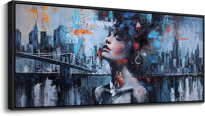 YDYSUNE Navy Blue Painting Wall Art Black Woman Picture for Living Room modern Home Bedroom Decoration New York City Framed Artwork Decor 70x31IN