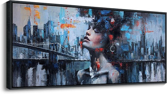 YDYSUNE Navy Blue Painting Wall Art Black Woman Picture for Living Room modern Home Bedroom Decoration New York City Framed Artwork Decor 70x31IN