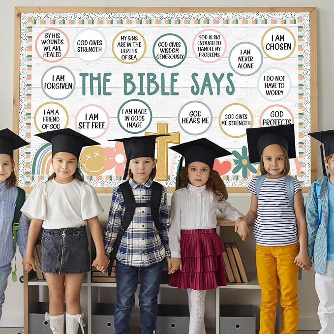 Christian Bulletin Board Decorations Set Inspirational Bulletin Board Set Motivational Boho Rainbow Bible Verse Paper Cutouts Decorations for Classroom Sunday School VBS Home Church Supplies