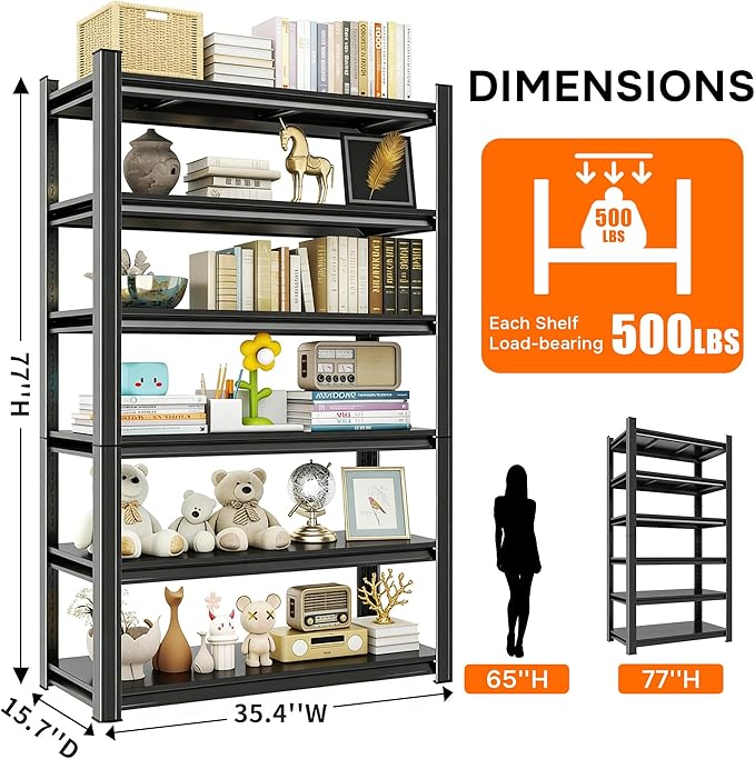 77" H Book Shelf, 6 Tier Metal Wide Bookshelves, Heavy Duty Bookcase, Adjustable Industrial Bookshelf, Tall Book Shelf for Living Room & Bedroom and Library, Black(77" H*35.4" W*15.7" D)