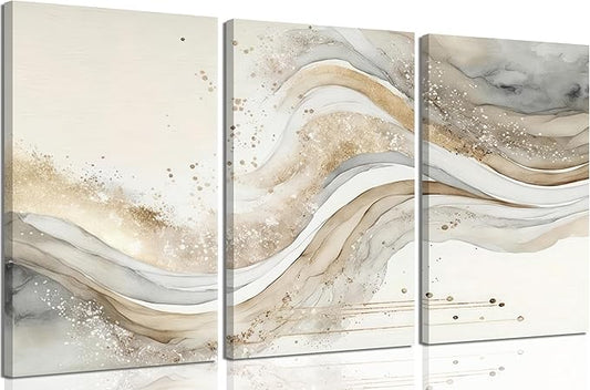 3Pcs Gold Abstract Marble Canvas Wall Art Modern Grey and Gold Fluid Painting Picture Wall Decor neutral Marble Poster Print Artwork for Bedroom Living Room Office Hotel Home Decoration