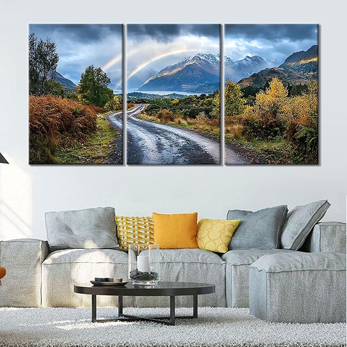 Landscape Canvas Wall Art 3 Pieces Winter Rainbow Forest Defoliation Mountain Picture Print Scenery Theme Poster Painting Artwork for Modern Home Living Room Office Stretched and Framed [72''Wx 36''H]