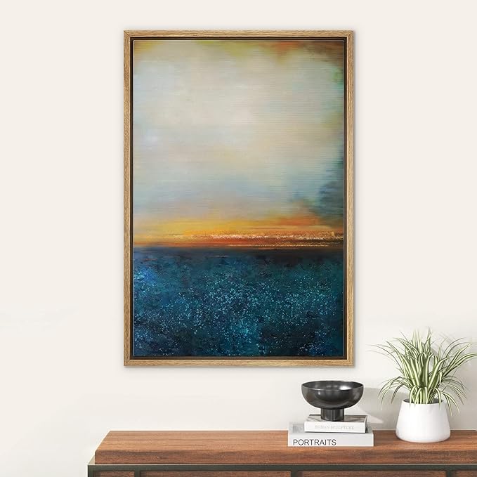 SIGNWIN Framed Canvas Print Wall Art Pastel Sunset Sea Horizon Abstract Wilderness Illustrations Modern Art Modern Scenic Relax/Calm Ultra for Living Room, Bedroom, Office - 16"x24" Natural