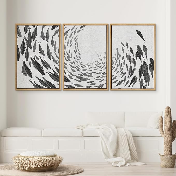 SIGNWIN Framed Canvas Print Wall Art Swirling School of Fish Abstract Shapes Illustrations Modern Art Minimalist Relax/Calm Black and White for Living Room, Bedroom, Office - 16"x24"x3 Natural