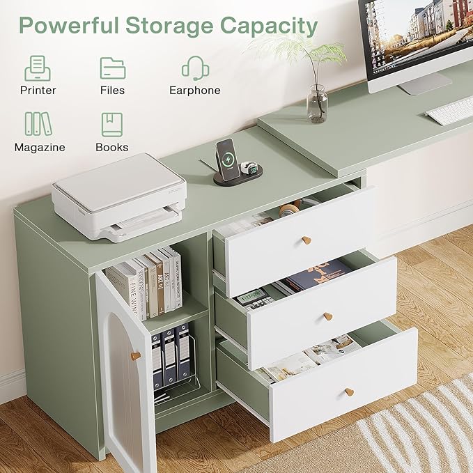 Tribesigns L-Shaped Computer Desk with Drawers, Modern Corner Home Office Desk with Reversible Storage Cabinet, Long Study Writing Desk Workstation for Home Office, Cyan & White