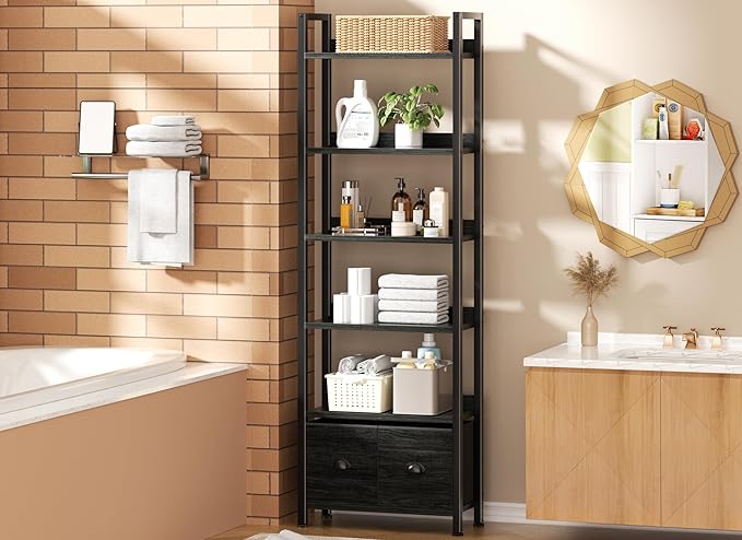 Furologee 6-Tier Bookshelf, Tall Bookcase with 2 Drawers Storage Organizer, Industrial Display Free Standing Shelf Units, Wood and Metal Storage Rack for Home Office, Bedroom, Black Oak