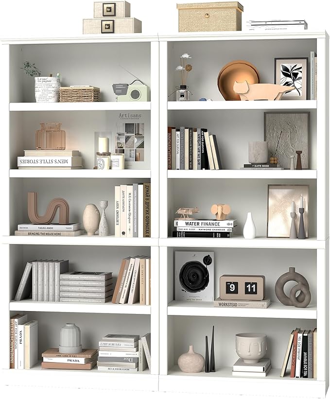blini White Bookshelf and Bookcase Double Wide Large Bookshelves Wooden 5 Tier Tall Bookshelf with Storage Cabinets for Living Room, Home Office, Library (White, 5-Shelf)