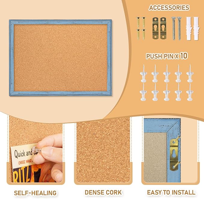 DOLLAR BOSS Cork Boards for Walls, 36 X 24 Inches Bulletin Board Decorative Hanging Pin Board Rustic Wooden Frame Vision Board Notice Board for Office Home Decor, Blue