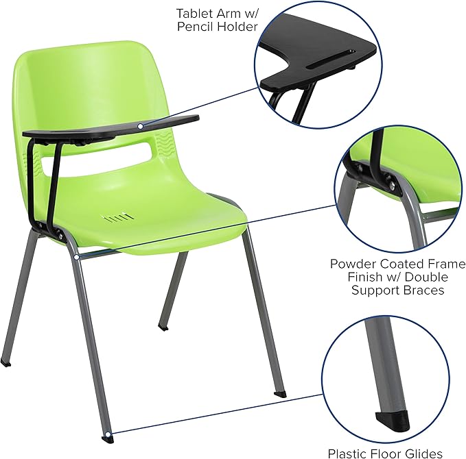 Flash Furniture HERCULES 5 Pack Green Ergonomic Shell Chair with Right Handed Flip-Up Tablet Arm