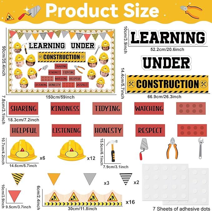 gisgfim Construction Bulletin Board Decorations Learning Under Construction Paper Cutouts DIY Photo Helmet Motivational Bulletin Board Set for Back to School Teacher Classroom Wall Decor Supplies