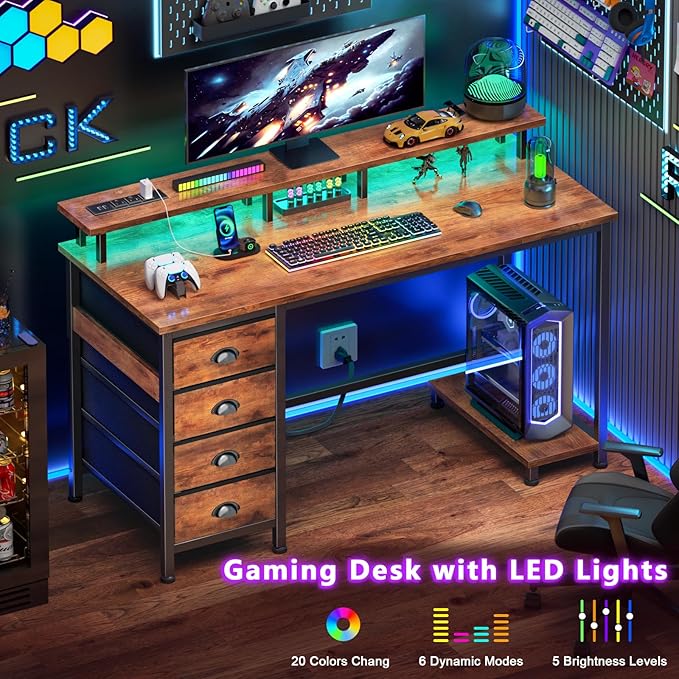 Furologee Computer Desk with Power Outlets & Monitor Stand, 47 Inch Reversible Gaming Desk with LED Lights & 4 Fabric Drawers, Writing Work Table for Home Office, Bedroom, Rustic Brown