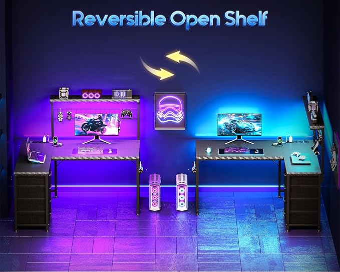 MOTPK 43” L Shaped Gaming Desk for Small Rooms, Compact Corner Computer Table with Shelf & Hutch, 4 Drawers, Reversible Study Desk with LED Light, Power Outlets & USB Ports, Black Carbon Fiber