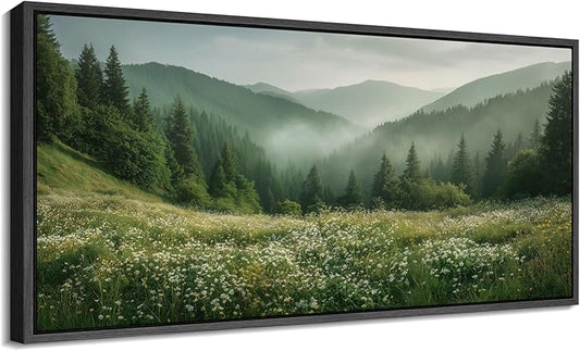 SIGNFORD Extra Large Framed Canvas Print Wall Art Misty Green Valley Meadow Landscape Illustrations Modern Art Calm Warm for Living Room, Bedroom, Office - 60"x30"
