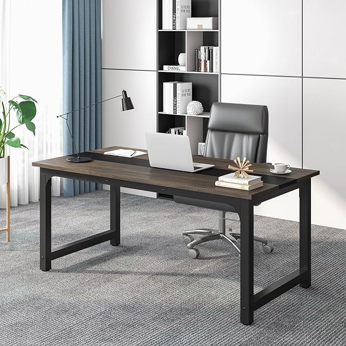 Tribesigns 63” Executive Desk, Large Office Computer Desk with Thicken Frame, Modern Simple Workstation Business Furniture for Home Office, Vintage Grey/Black