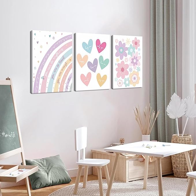 3 Pieces Nursery Boho Wall Art, Framed Cartoon Rainbow Canvas Prints, Colorful Heart Wall Decor, Cute Flower Posters Artwork, Pink Girls Room Aesthetic for Bedroom Dormitory – 12x16in