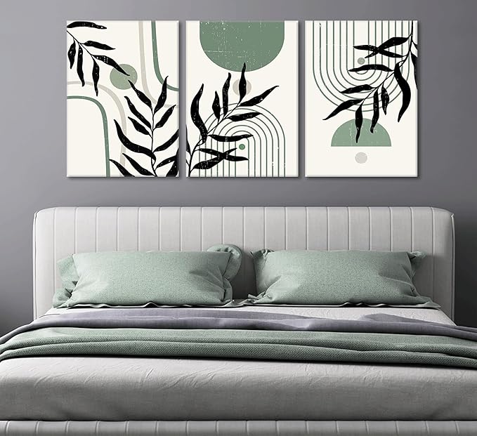 3PCS Boho Sage Green Canvas Wall Art,Minimalist Wall Decor,Geometric Abstract Line Botanical Green Prints,Mid Century Wall Painting,Green Black Beige Poster Hallway Pictures Wall Art framed