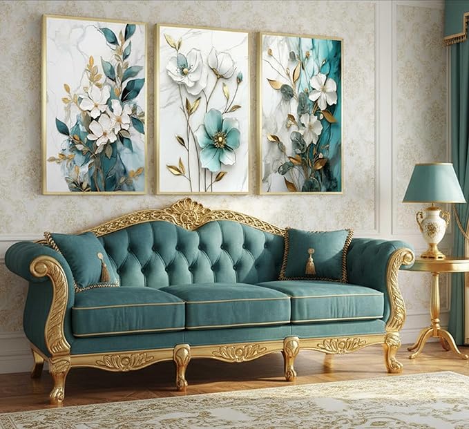 3Pcs White Gold Flower Canvas Wall Art Modern Luxury Blue White Gold Abstract Marble Floral Botanical Painting Picture Wall Decor Poster Print Artwork for Living Room Bedroom Home Decoration Unframed