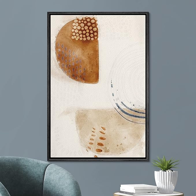 SIGNFORD Framed Canvas Wall Art Brown, Biege and White Organic Circles and Lines Geometric Shapes Illustrations Minimalism Modern Relax/Calm for Living Room, Bedroom, Office - 16x24 inches