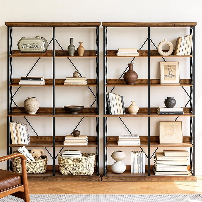 LITTLE TREE Industrial Bookshelf, 6-Tier 47" Wide Bookcase, 75" Tall Standing Shelf Units with 12 Wooden Shelves, Large Open Metal Display Organizer for Office, Living Room, Bedroom, Rustic Brown