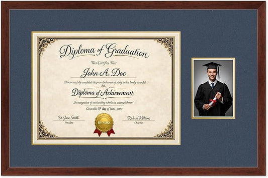 Diploma Frame With Photo Opening Rustic Walnut Navy Blue Over Gold Mat - Fits 17 x 13 Degree and Picture Made in the USA
