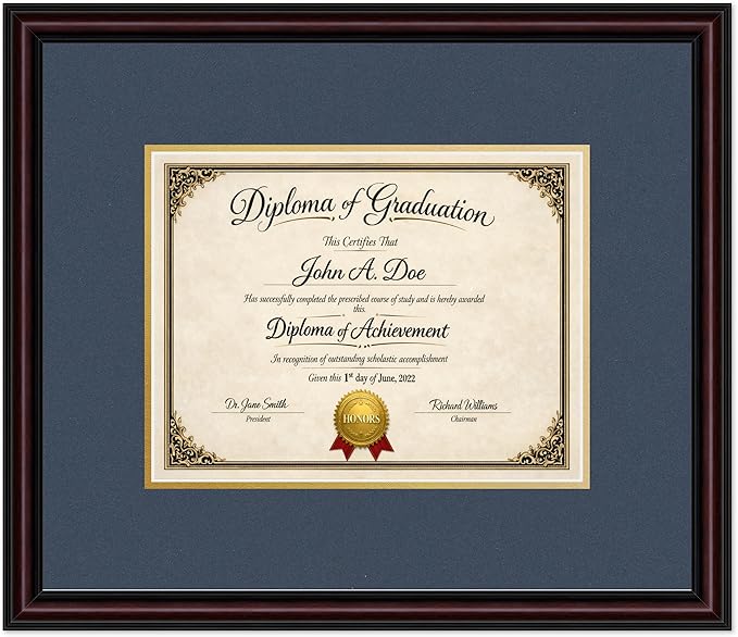 Diploma Frame Executive Brown with Navy Blue Over Gold Double Mat - Fits 11 x 8.5 US Letter Certificate Wall Display Made in the USA