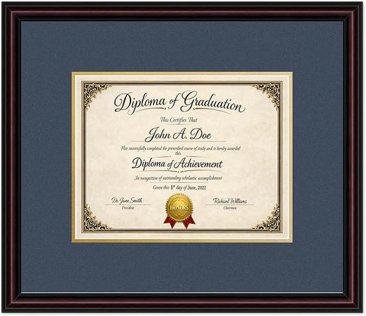 Diploma Frame Executive Brown with Navy Blue Over Gold Double Mat - Fits 11 x 8.5 US Letter Certificate Wall Display Made in the USA