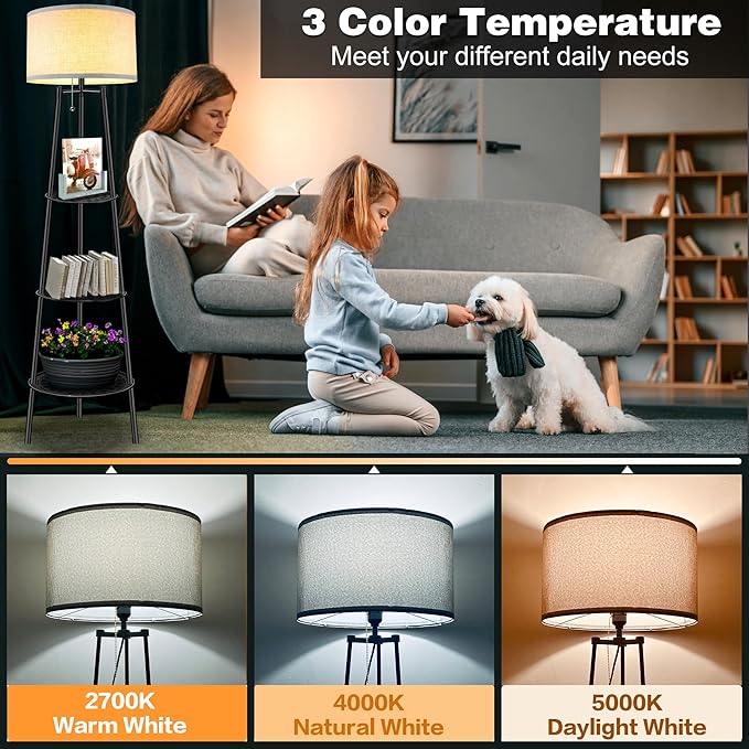 Floor Lamp with Shelves, Modern Standing Lamp with 3 Color Temperature LED Bulbs, Corner Floor Lamps for Living Room & Bedroom, Lamparas Elegantes para Sala (Gray Lampshade, 1)