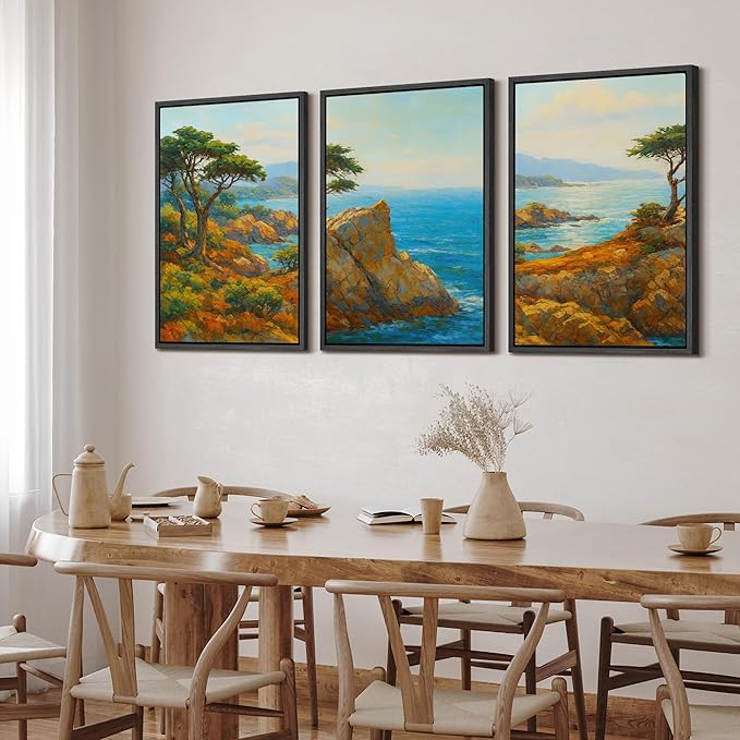 SIGNFORD Framed Wall Art Print Set Bright Coastal Cliffs and Ocean View Vibrant Seascape Digital Art Modern Art Contemporary for Living Room, Bedroom, Office - 24"x36"x3 Black
