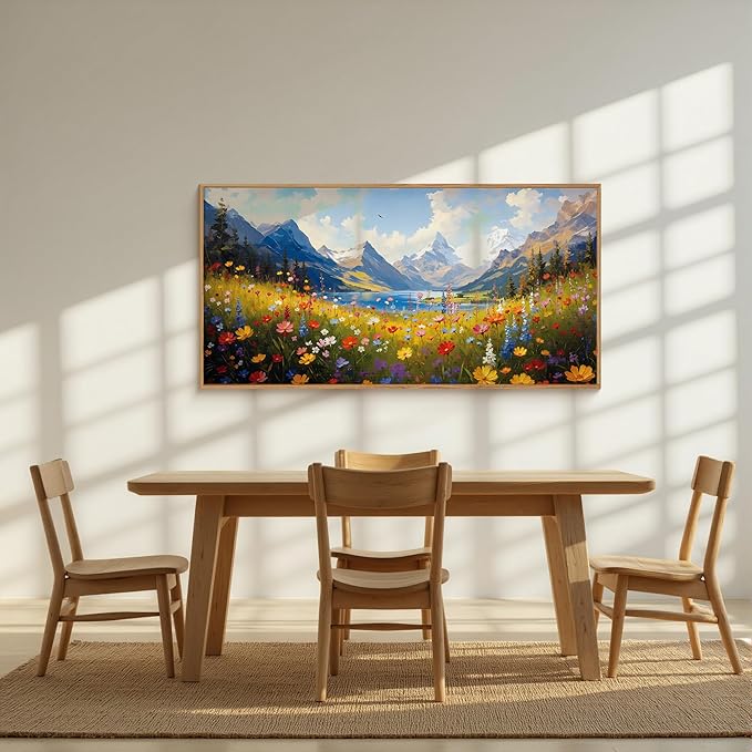 HOURIA Spring Boho Vibrant Watercolor Wildflower & Snowy Mountain Framed Canvas Wall Art Set,Colorful Floral Landscape Decor,Modern Natural Field Scenery Artwork for Living Room,Bedroom,Farmhouse- 20"×40"×1