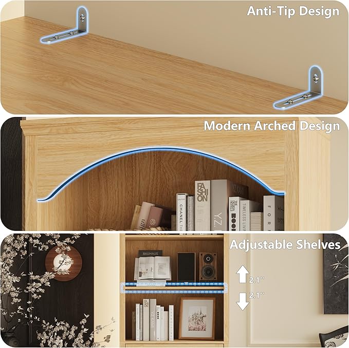 71" H Tall Bookshelf with Drawers, Farmhouse Book Shelf with 3-Tier Open Shelves, Wooden Bookcase with Storage Drawers, Freestanding Bookshelves for Bedroom, Living Room, Natural Wood