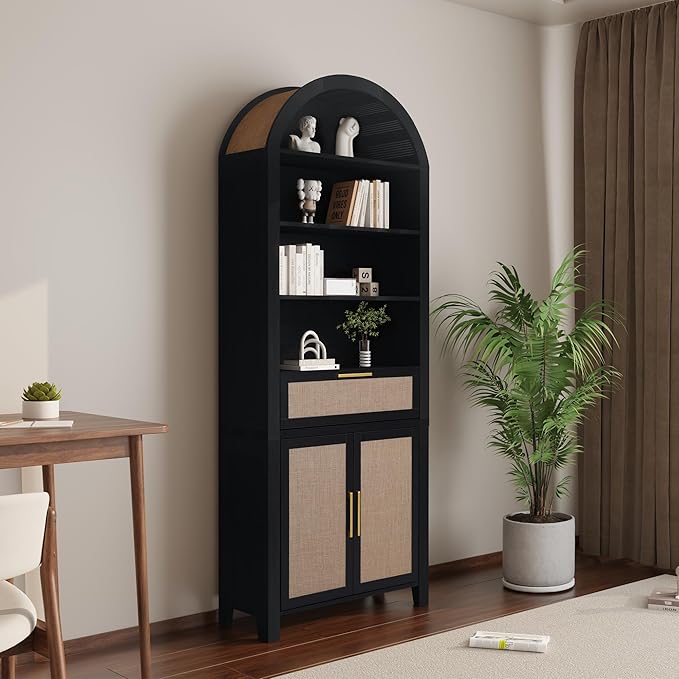 79" Tall Arched Bookcase with Storage, Mid Century Modern 6-Tier Cabinet with Door and Drawer, Arched Bookshelf with Open Display Shelf for Office Living Room(Black, 79inch-Doors)