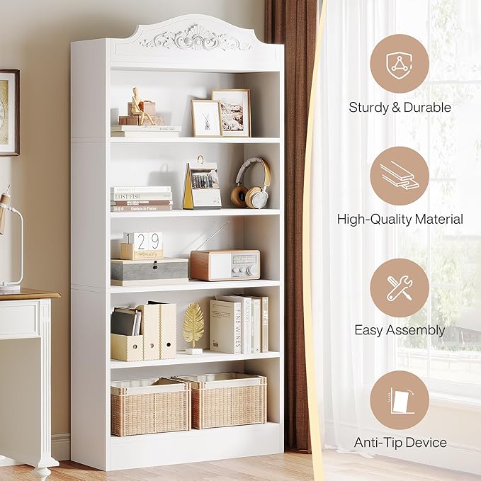 Tribesigns 73 Inch Modern White 5 Tier Bookshelves Bookcases, 5-Shelf Library Bookcase with Shelves, Freestanding Etagere Shelving Unit for Living Room/Home (1)