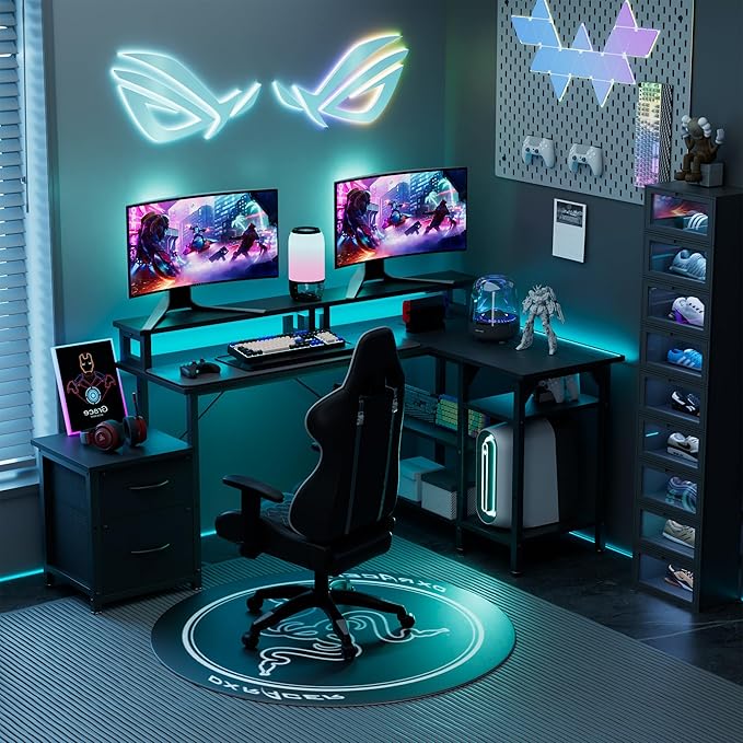YOUNGAR L Shape Gaming Desk with File Drawers&Power Outlet, 69.3 Inch Reversible 2 Person Desk,Corner L Shape or Long Desk Set up,Monitor Stand &Storage Shelves, LED Lights &CPU Stand,Black