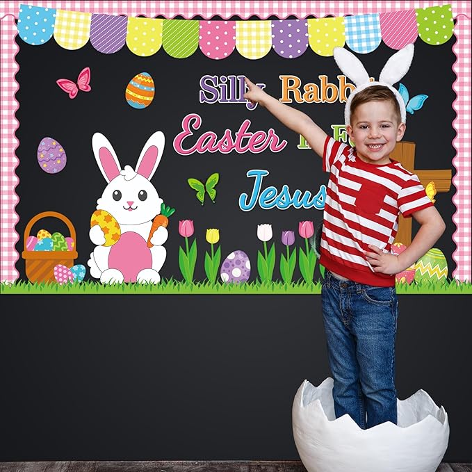 Easter Christian Bulletin Board Decorations Spring Easter Bunny Paper Cutouts Silly Rabbit Easter is for Jesus Religious Bulletin Board for Classroom Bible Sunday School Home Wall Decor Supplies