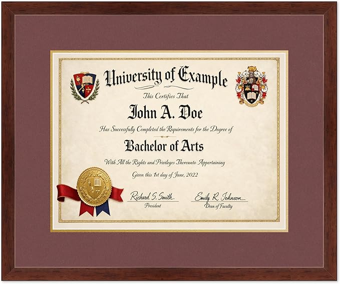 CountryArtHouse Diploma Frame Fits 17 x 13 International Diploma - Keepsake Graduation Display Rustic Walnut Genuine Hardwood with Dark Red Over Metallic Gold Double mat