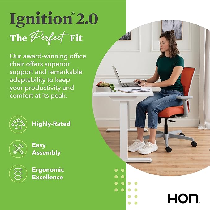 HON Ignition 2.0 Low Back Task Chair, Spectrum Mesh, Standard Synchro-Tilt Control, Office Chair with Lumbar Support, Height and Width Adjustable Arms, Titanium Frame, Salamander