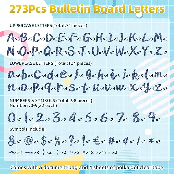 273 Pcs 4 Inch Glitter Bulletin Board Letters Set - Poster Board Letter Cutouts with Alphabet, Symbols, Numbers, Storage Bag - Classroom Decor, DIY Projects, Teacher Supplies, Office (Royal Blue)